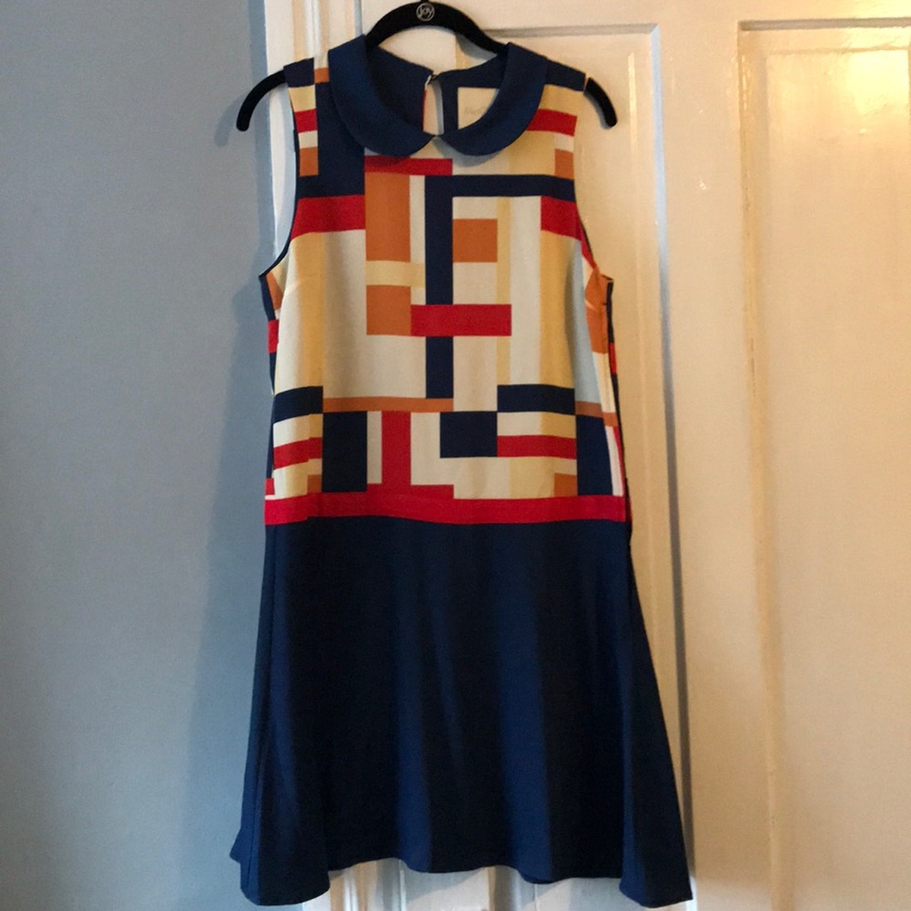 ModCloth Navy Geometric Colorblock Sleeveless Dress